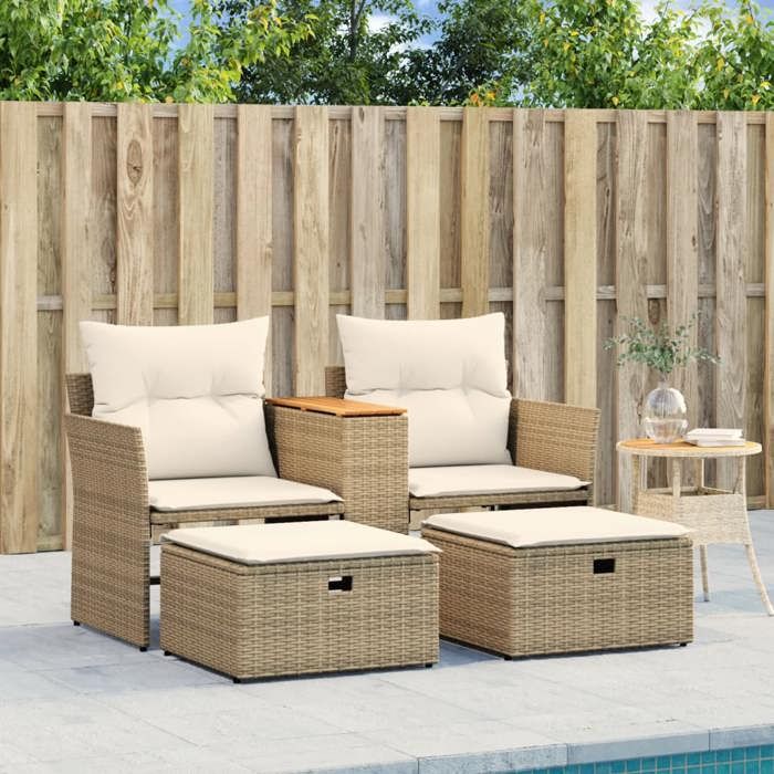 Beige Siège de jardin -  Canapé de jardin - 2 places - avec tabourets beige résine tressée C3531