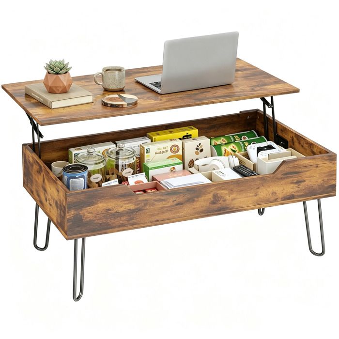 Table basse - HOMCOM - relevable industrielle grand rangement caché hauteur réglable - acier bois - 95x50x40cm - marron rustique