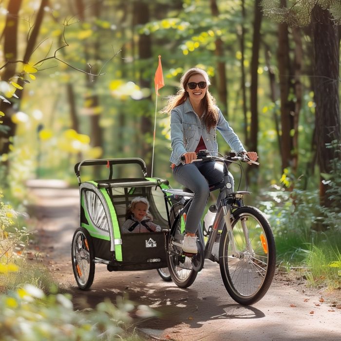 Remorque vélo 2 en 1 pour 2 enfants fonction poussette protection pluie frein verte