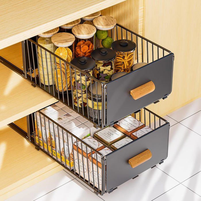 Organisateur de Tiroirs Coulissants et Bac Placard Adhésif - Installation sans Perçage ni Clouage - Pour Armoires de Cuisine
