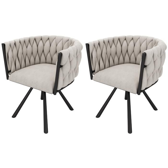 VLIVRA Lot de 2 Chaises de Salle à Manger Pivotantes avec Rotation 360° et Dossier Ergonomique en Lin Beige et Métal Noir