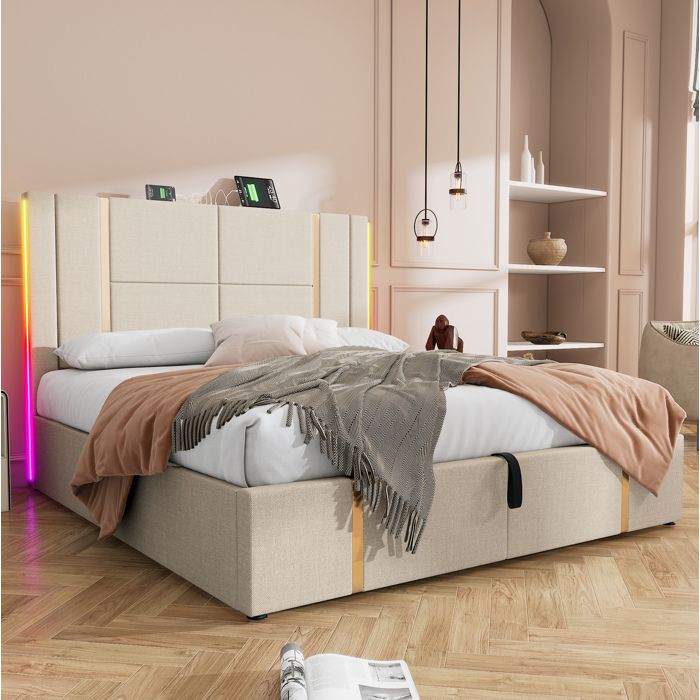 ULEVR Lit rembourré 180x200 cm beige avec LED RGB USB et USB-C sommier à lattes en bois coffre de rangement