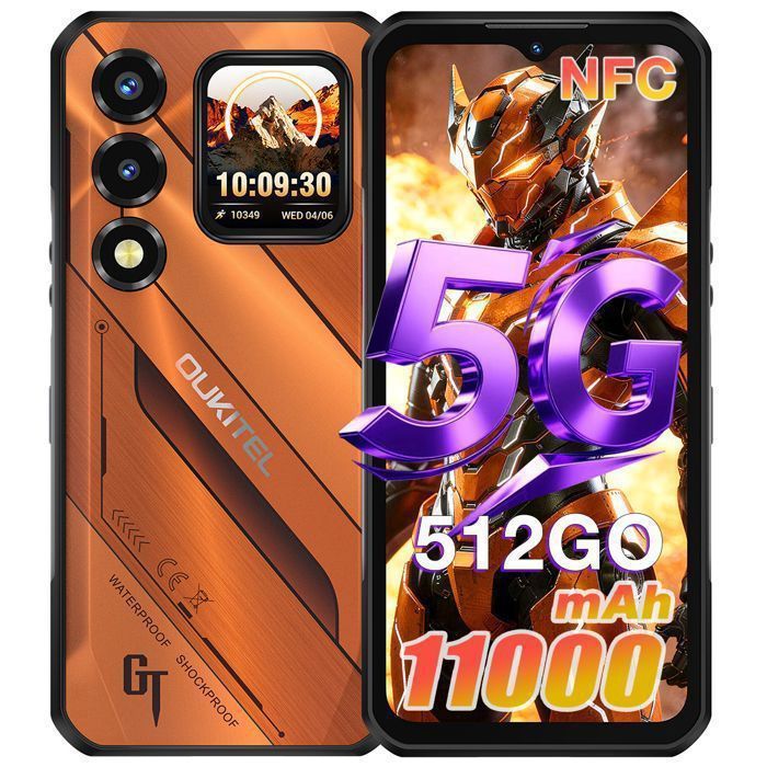 OUKITEL WP66 5G Smartphone Robuste 512Go 11000mAh/33W 108MP Caméra 66 Écran IP68 Téléphone Incassable Double SIM NFC GPS Orange