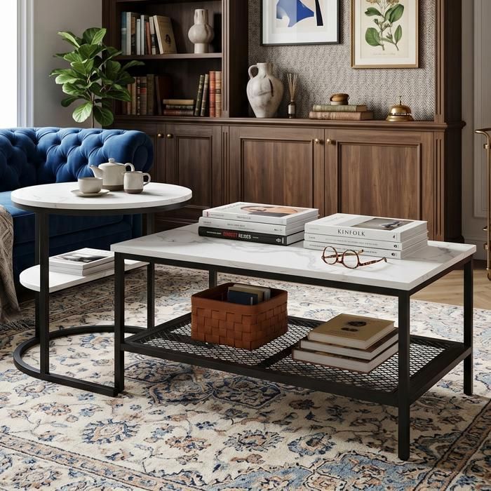 Table Basse de Salon Gigogne Lot de 2 Plateau Effet Marbre  Structure en Métal Noir Inox  Double Espace de Rangement Ouvert
