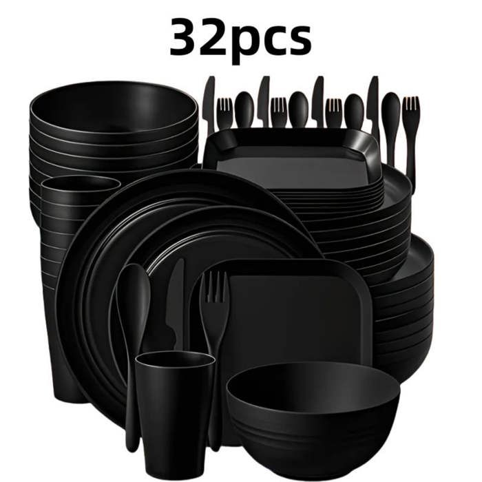 Set de couverts de 32 pièces pour 4 personnes en matériau écologique léger et facile à transporter incassableNoir