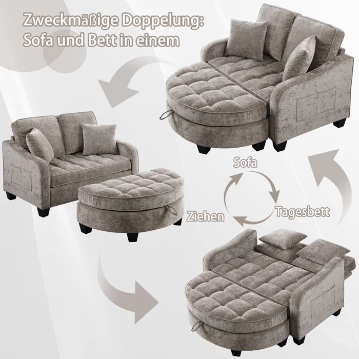 Canapé Lit Convertible 2 Places - Fauteuil Lounge - Chenille - Coffre de Rangement - Marron