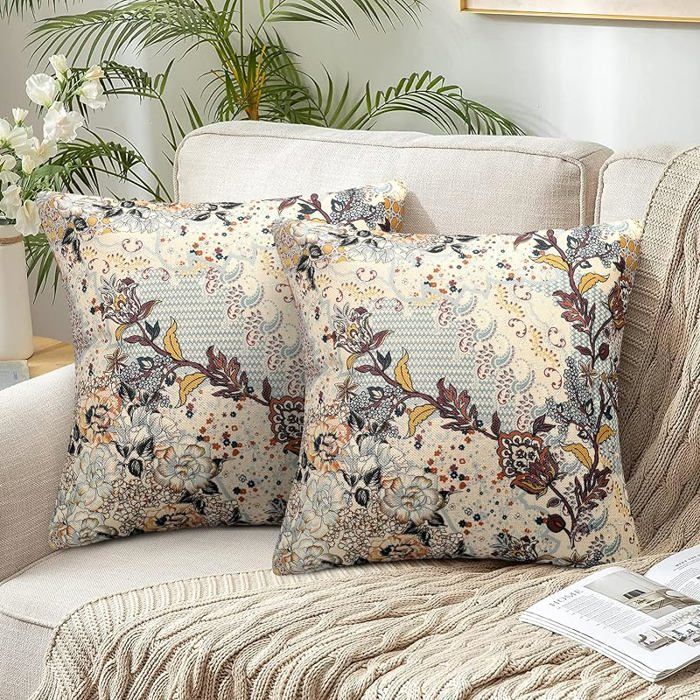 Taie Oreiller Boheme 45x45cm Housse et Taie Salon Feuille Motif Housse de Coussin Vintage Carré 45 x 45 cm (Lot de 2) Marron