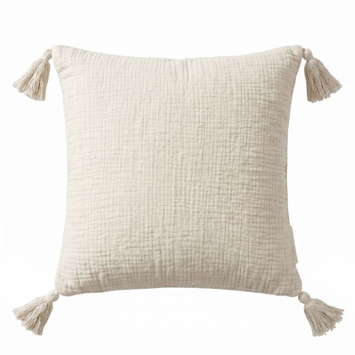 Coussin en Gaze de Coton à Pompons - 45x45 cm - HOMESCAPES - Ecru - Coussin décoratif déhoussable