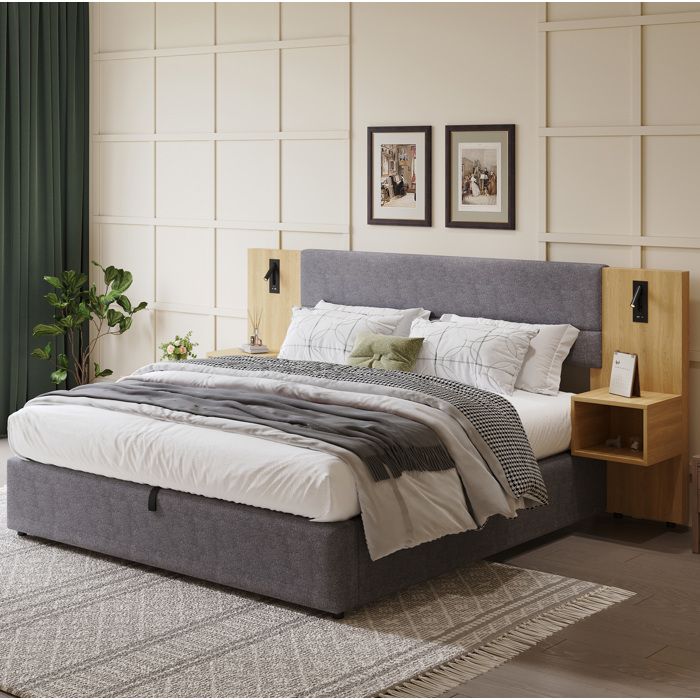 WOVREO Lit coffre 160x200 cm en velours gris avec 2 tables de chevet USB éclairage et sommier à lattes