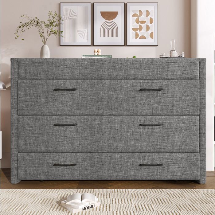 MEULVA Lit escamotable 140 x 200 cm gris avec tiroir USB et Type-C tissu aspect lin sans matelas