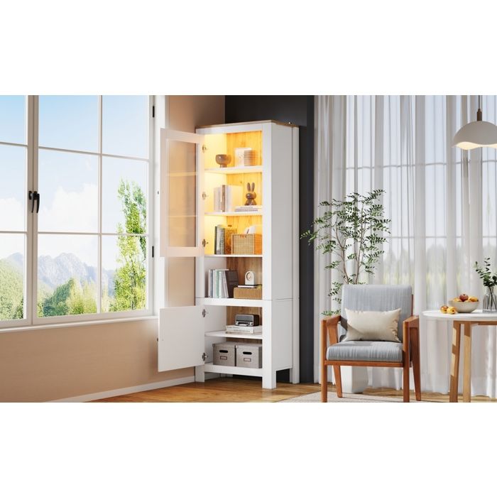 DESVIAE Vitrine haute 70 x 40 x 188 cm 2 portes LED étagères réglables blanc et aspect bois naturel