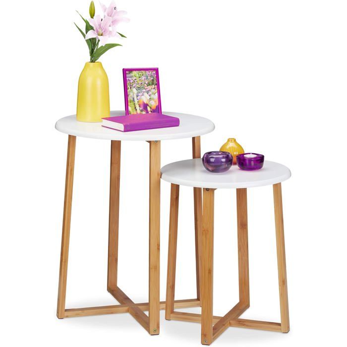 Tables gigognes rondes - Lot de 2 - Hauteur 48 5 et 60 5 cm - Design moderne - Blanc et nature