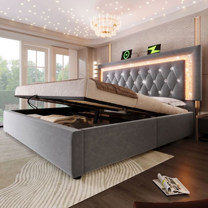 Lit coffre rembourré - WESTYLE - 180x200 - Velours gris - LED multicolore - USB Type‑C & ouverture hydraulique