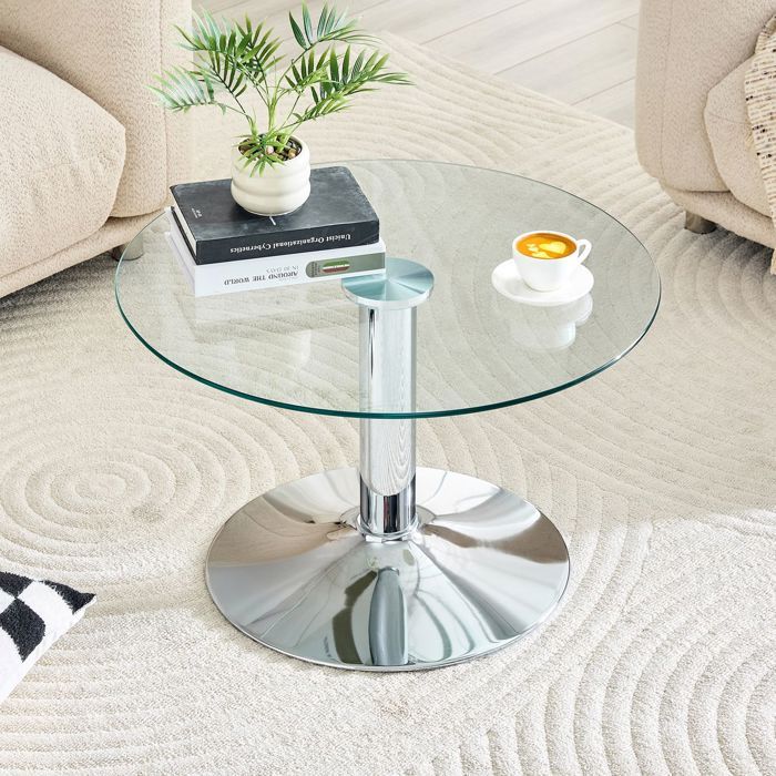 Table Basse 70 cm plateau en verre trempé Table de Salon forme ronde piètement métal stable style moderne coloris or noir argent