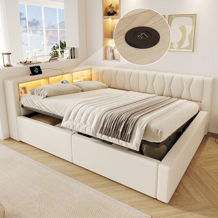 Lit banquette coffre 140x200 cm LED multicolore Rangement hydraulique niches ouvertes port USB tête réversible Lin Beige