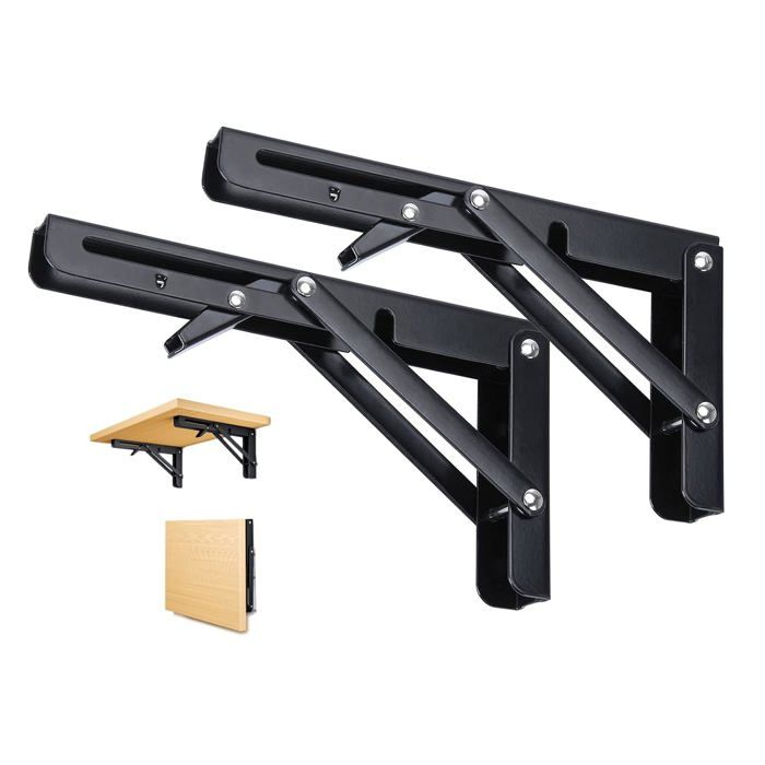 Lot de 2 équerres pliables pour étagère murale - 400 mm charge 80 kg métal noir gain de place
