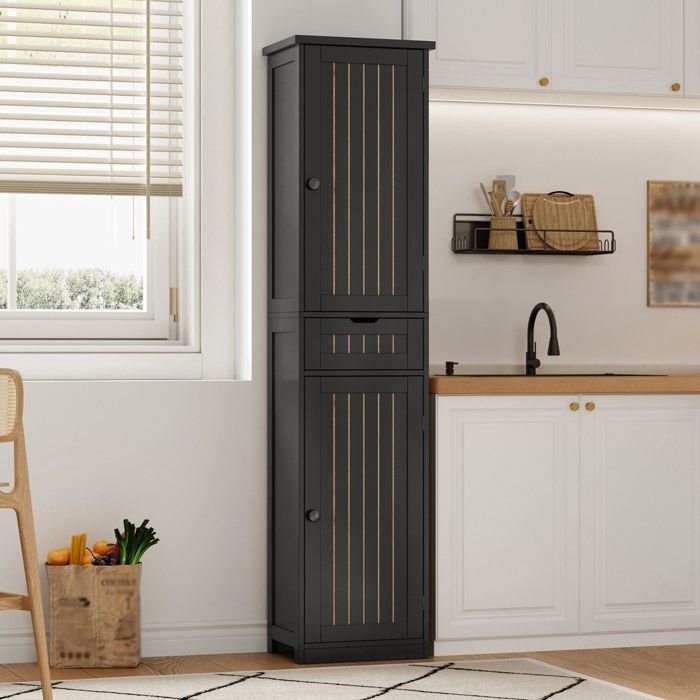 Meuble colonne de cuisine noir 40 x 30 x 170 cm 2 portes 1 tiroir étagères réglables MDF anti-basculement