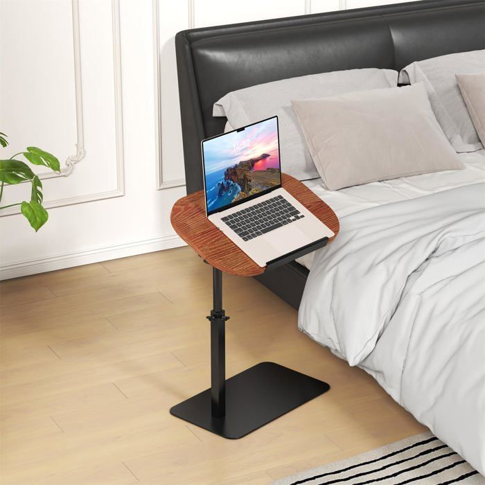 Table dappoint C hauteur réglable et plateau pivotant 360° – Structure métal stable compacte pour canapé lit salon. Bois naturel