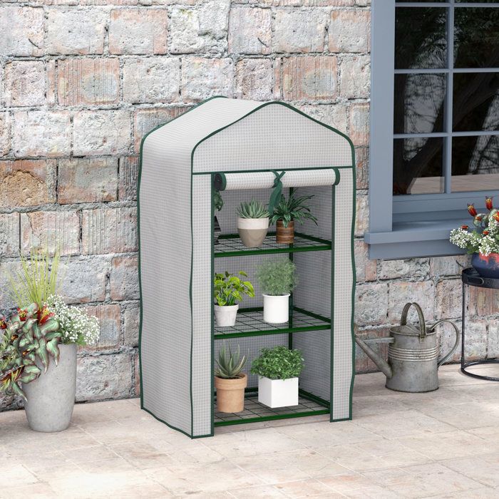 Mini serre de jardin avec housse PE 3 étagères et porte enroulable 59 x 39 x 127 cm blanc