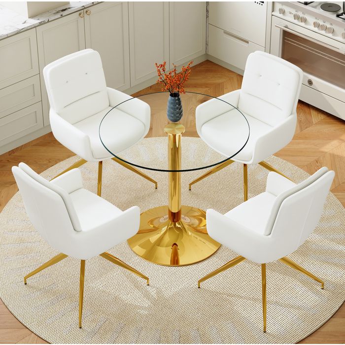MEUVYX Table de Salle à Manger Ronde avec 4 Chaises Pivotantes à 360 Degrés Verre Trempé PU Blanc et Doré Métal