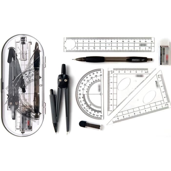 Kit Géométrie 8 Pièces - Compas, Règles, Rapporteur, Porte-mines - Trousse Scolaire - Fournitures Math
