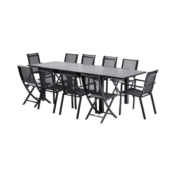 ensemble table et chaises de jardin 10 places noir/gris clair - hplstar - modulable - résistant aux intempéries