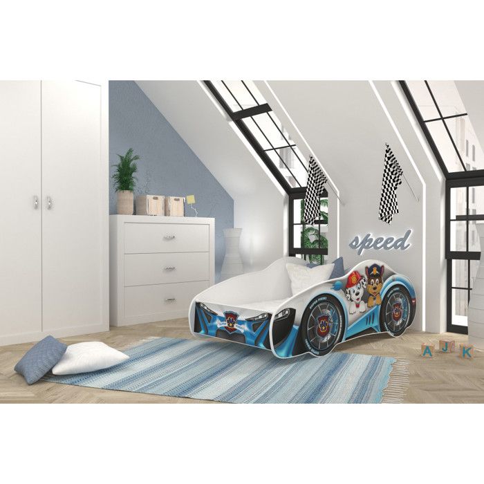 Lit enfant voiture 70 x 140 cm - Pat Patrouille - Matelas et sommier inclus Blanc