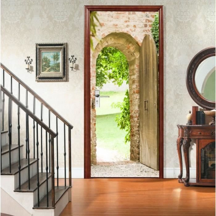 Sticker Porte Effet Bois 3D – Dimensions 77x200 Cm (en 2 Parties) – PVC Auto-adhésif, Amovible – Décoration Murale Style Rustique Ou Moderne – Pour Porte Lisse - 3