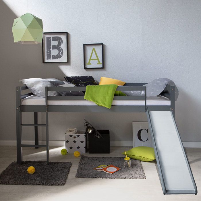 Lit mezzanine pour enfants 90 x 200 cm gris Toboggan Sans sommier à lattes Lit mezzanine pour enfants 90 x 200 cm gris Toboggan Sans sommier à lattes