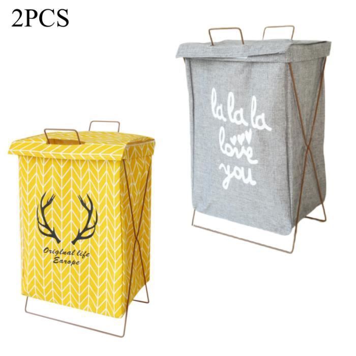Panier à Linge Pliable 2pcs Panier de Rangement avec couvercle pour Salle de Bain,Chambre à Coucher,Maison-(Jaune+Gris)