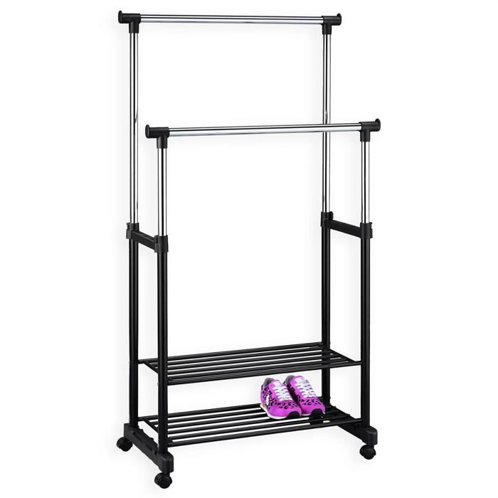 Portant à vêtements NELMA penderie double sur roulettes vestiaires mobile avec 2 barres réglables en hauteur et 2 étagères chromé Portant à vêtements NELMA penderie double sur roulettes vestiaires mobile avec 2 barres réglables en hauteur et 2 étagères chromé