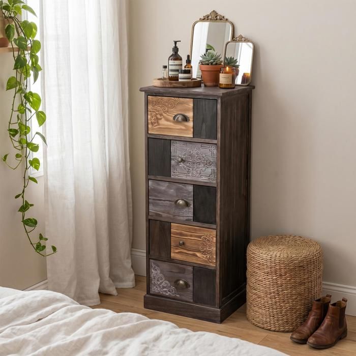 Chiffonnier MARA avec 5 tiroirs commode en bois de paulownia style vintage ethnique bohême avec gravures