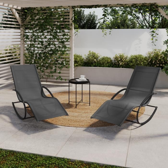 IDMARKET Lot de 2 chaises longues - transat de jardin à bascule MALAWI gris anthracite et toile grise