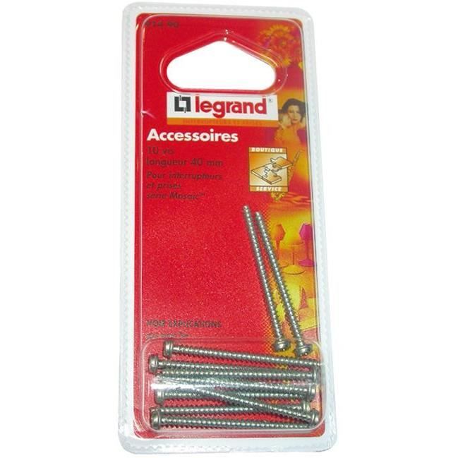 Lot de 10 vis longues Mosaïc LEGRAND. Longueur : 40 mm.Pour encastrement
