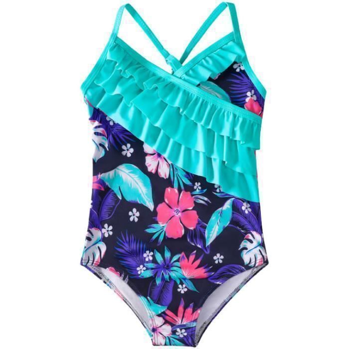 Maillot de Bain Fille Enfant Une pièce de Style de Hawai et pour la Plage 3-16 Ans, Fleurs Vertes One Shoulder, 5-6 ans