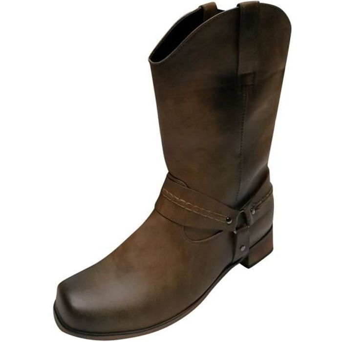 Bottes de cowboy en cuir pour homme - Marron - Talons carrés - Taille 48