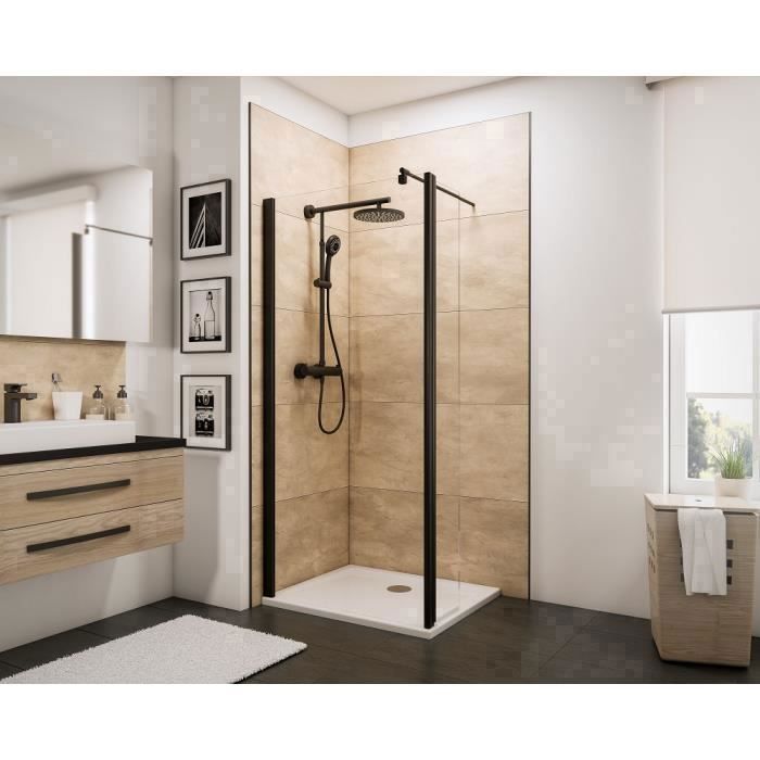 Schulte paroi de douche à litalienne + déflecteur 80x30x190cm anticalcaire verre 5 mm transparent profilé noir mat