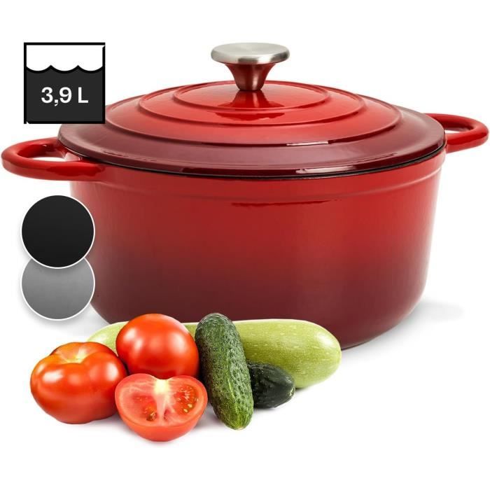 Cocotte En Fonte APS 5 Stars Ø25cm 4L - Compatible Induction Et Four, Rouge, Avec Support De Couvercle