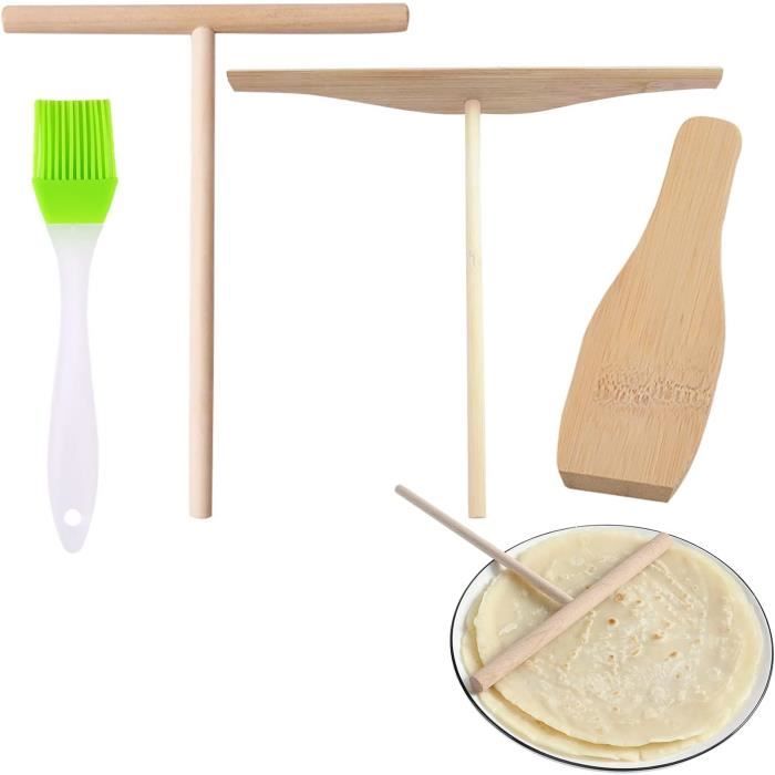 2 Pièces Spatule Et Répartiteur à Crêpes En Bois De Hêtre - 30cm Et 22cm - Pour Crêpières Antiadhésives