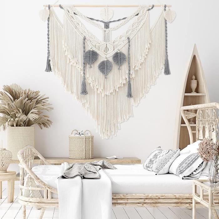 Tenture Murale Macramé Bohème - 150 Cm, Franges, Feuilles Tissées, Coton, Pour Salon Ou Chambre - 4