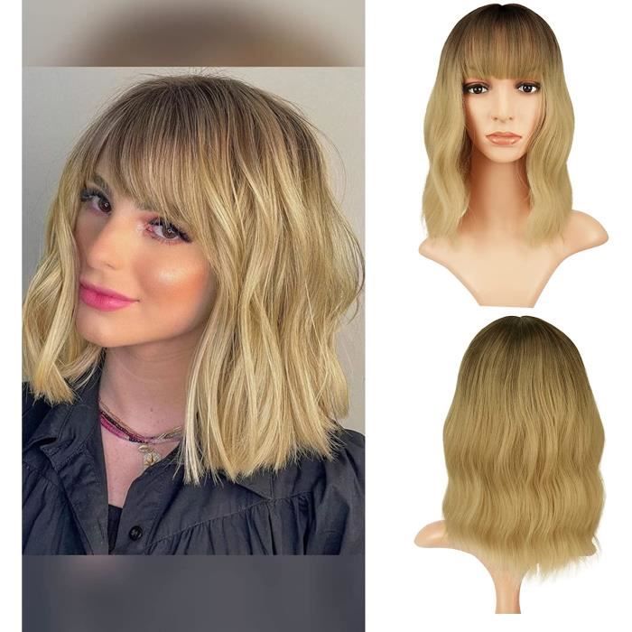 Perruque Synthétique Droite 14 Pouces Avec Frange - Blond Marron, Bonnet Moyen à Dentelle, Résistante à La Chaleur