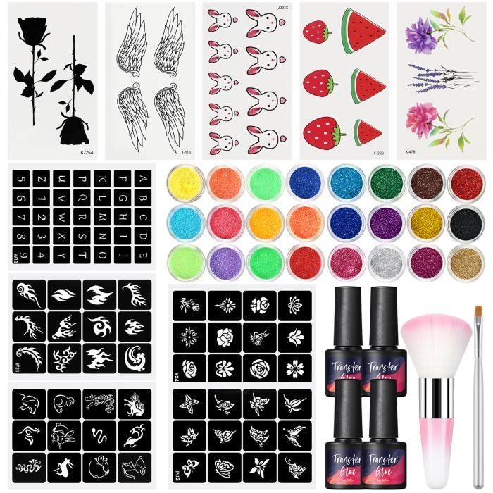 Kit De 40 Pochoirs Tatouages Paillettes + 10 Couleurs - Art Corporel Pour Enfants Et Adultes