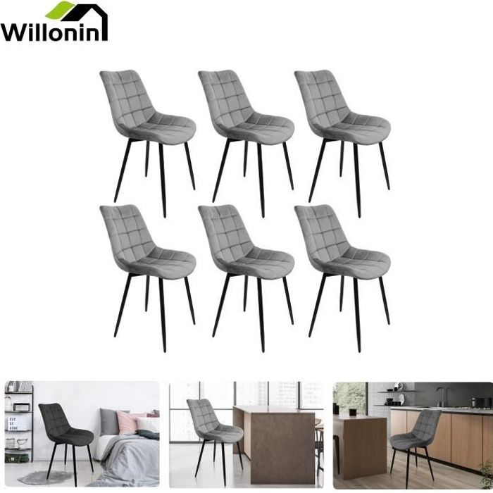 willonin® lot de 6 chaises de cuisine, siege 50x39cm en tissu velours, style vintage, hauteur 89cm, gris clair