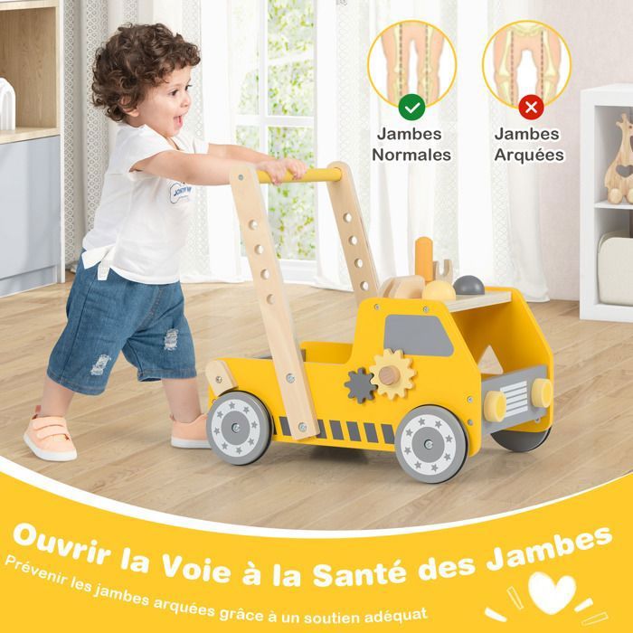 Trotteur bébé, Chariot de Marche Pliable, Pousseur Évolutif avec Frein et Poignée Ajustable, Trotteur avec Jouets en Bois Montessori et Jouets de Pêche, Trotteur pour Bébé à Partir de 6 Mois