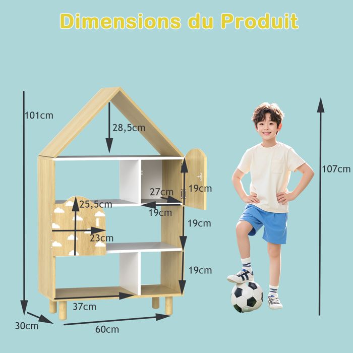 Bibliothèque Enfant En Forme De Maison Avec 2 Bacs Et 4 Niches - Rangement Jouets Et Livres, Dimensions 62x30x72 Cm - 8