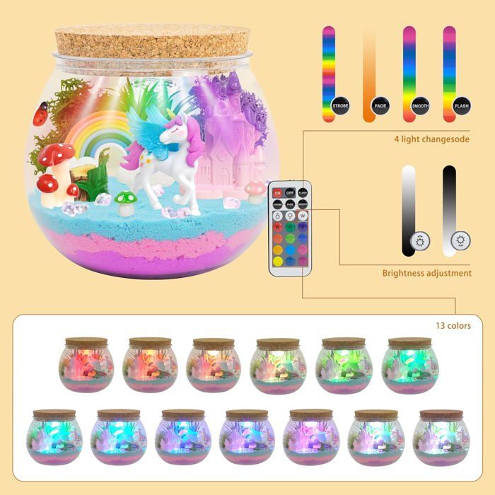 Kit Terrarium Licorne Lumineux DIY – 13 Couleurs LED, Télécommande, Veilleuse, Cadeau 4-12 Ans