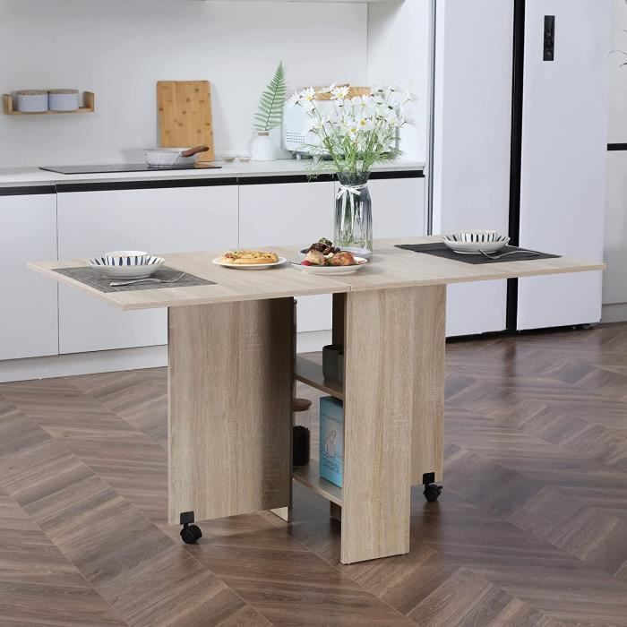 Table pliante cuisine salon HOMCOM - 140x80x74cm - 2 étagères - coloris  chêne - Cdiscount Maison