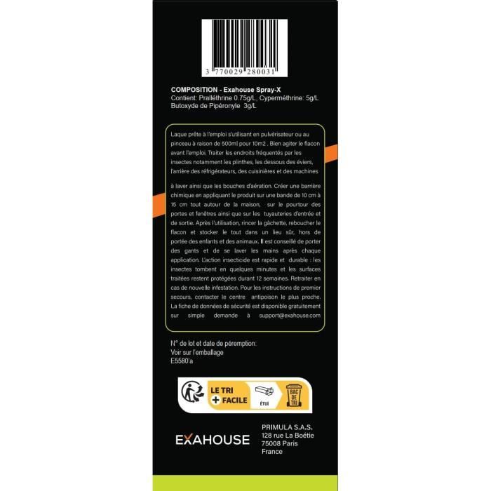 Exahouse Spray Anti Insectes Puissant - Insecticide Cafards, Mites, Fourmis, Moustiques - Fabriqué En France ANSES