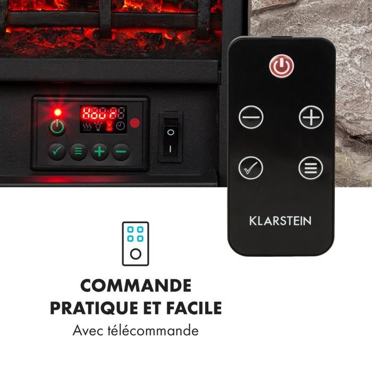 Chemin/ée /électrique Polystone LED KLARSTEIN Lienz Gris 900 et 1800W Illusion de Flamme 2 Niveaux de Puissance OpenWindow Detection T/él/écommande Minuterie hebdomadaire D/écor en Pierre