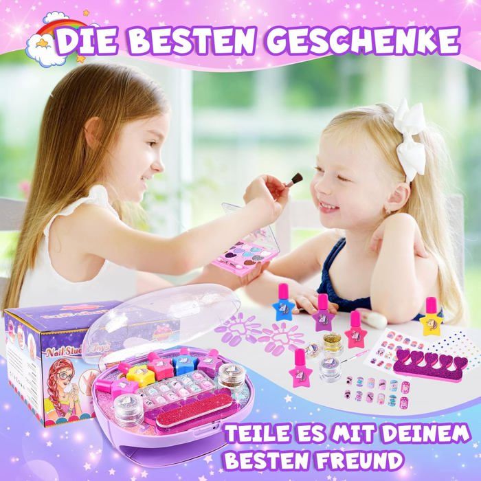Kit Manucure Enfant Fille,Nail Art Jouet Cadeau,Contient Sèche Ongles,Peel-off Pailleté Vernis à Ongles,du glitter,des autocollants amusants,etc. 6+ Ans Cadeau d'anniversaire De Noël pour Filles